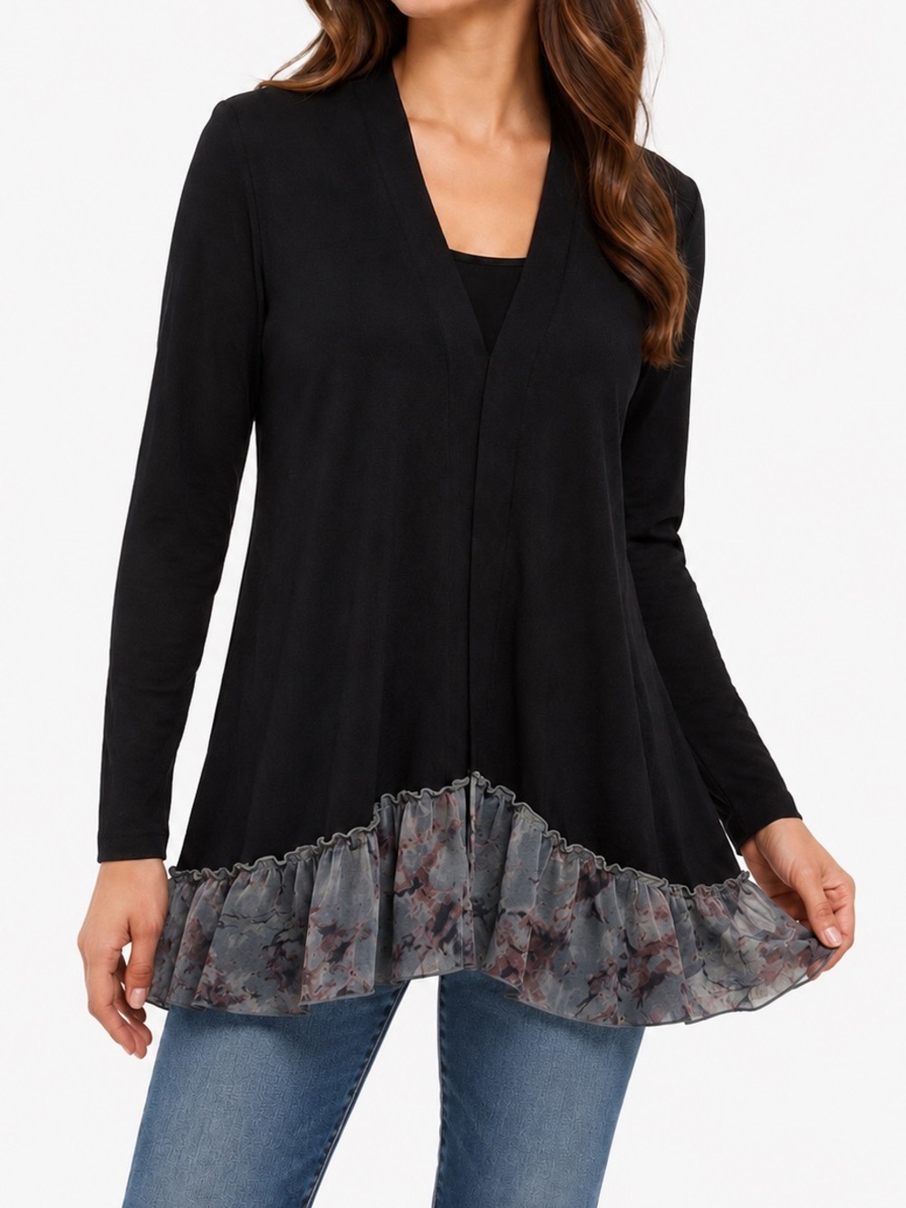 Logo Lori Goldstein Black Ruffle Hem Artsy Cardigan Size M Whimsical Romantic